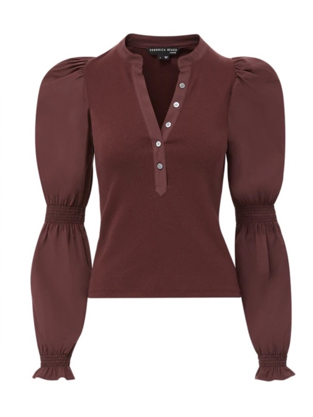 Veronica Beard Effy Top Size Small Oxblood Poet Sleeve Puff Sleeve Ribbed Henley - Picture 7 of 14